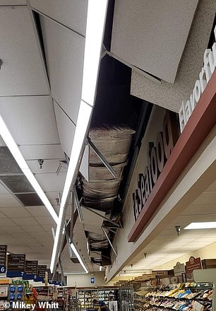 Damage caused to a Food Lion supermarket is seen left, showing ceiling panels caving in, spilling debris onto the floor