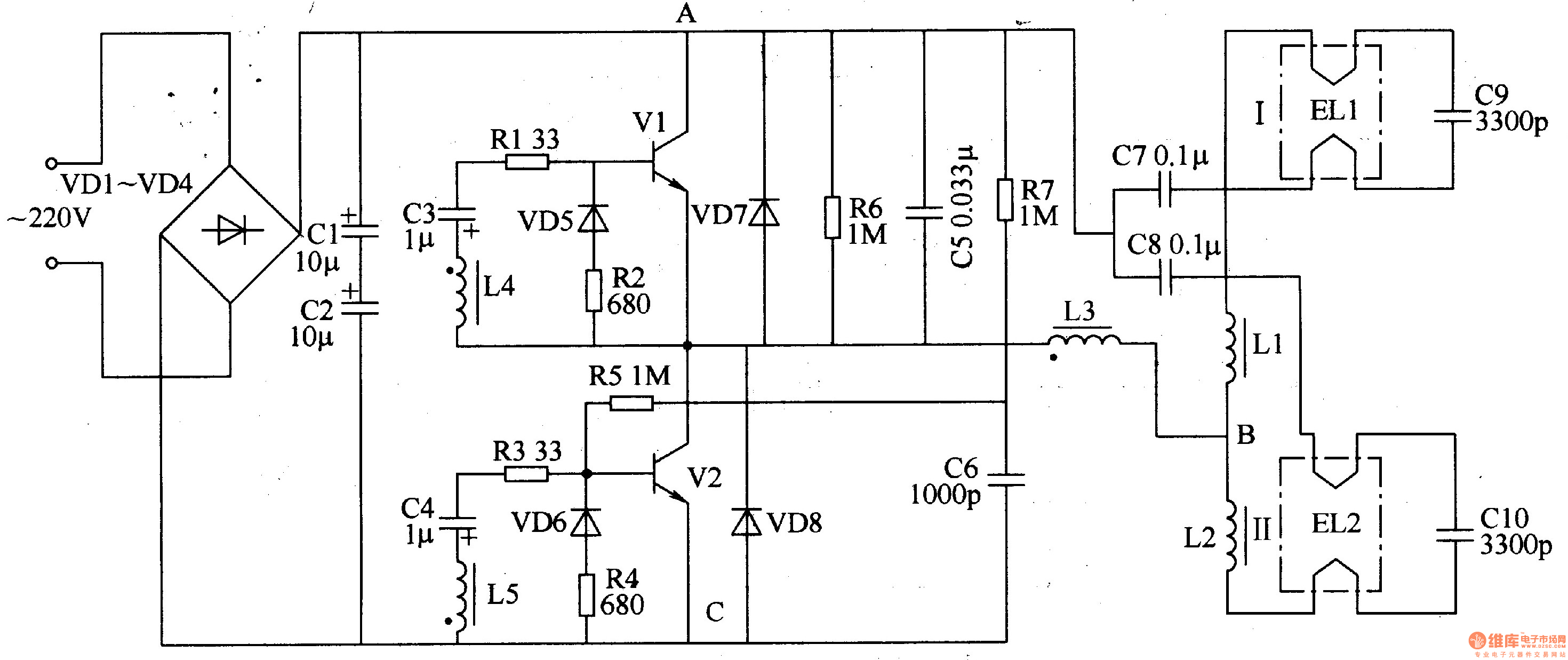 Электронный балласт для люминесцентных ламп 2х36 схема