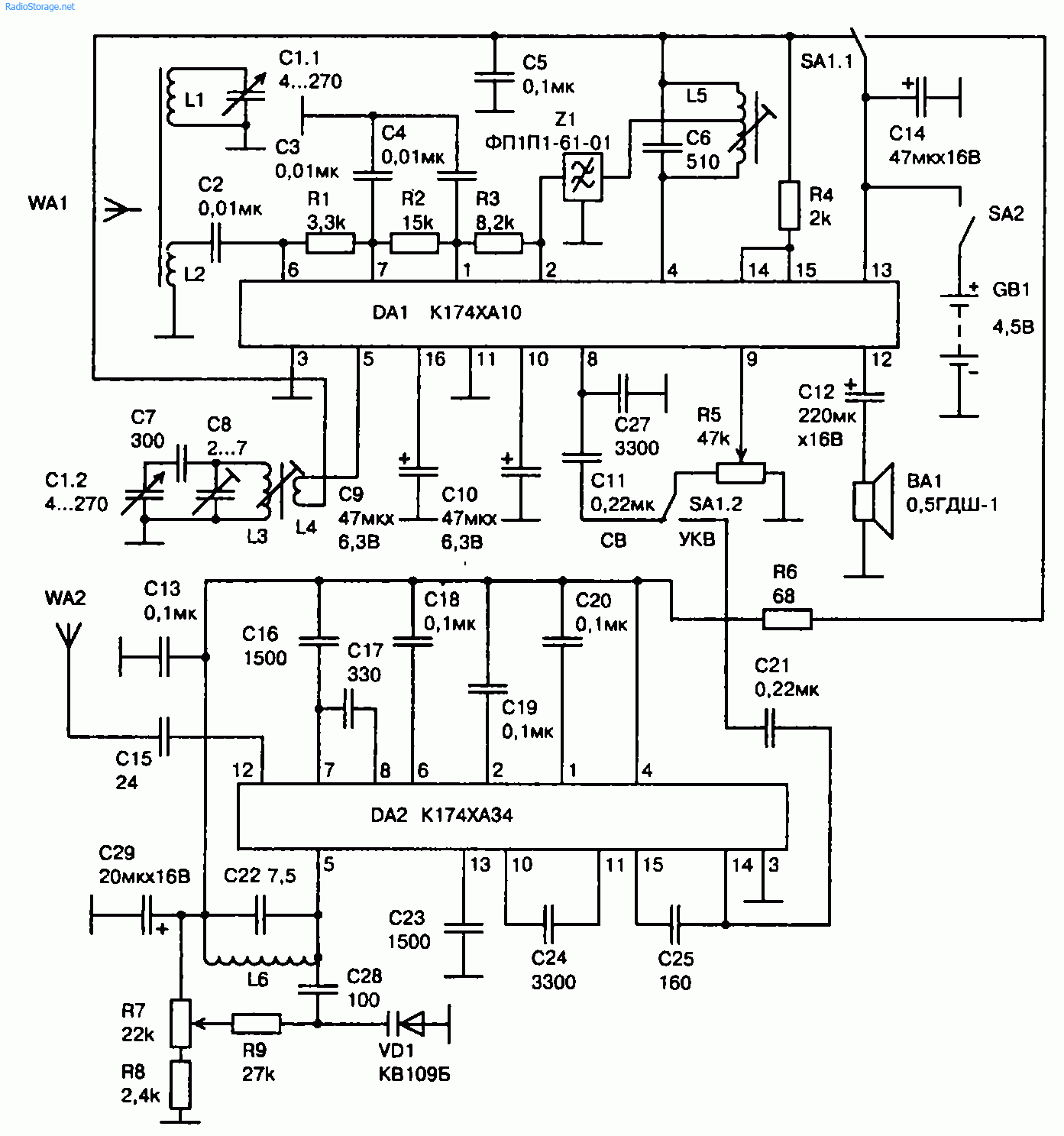 Схема простого СВ(525...1605 кГц)-УКВ(87,5...108 МГц) приемника (K174XA10, K174XA34)