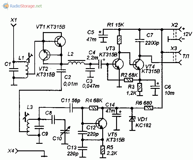 Принципиальная схема КВ приемника на пяти транзисторах КТ315